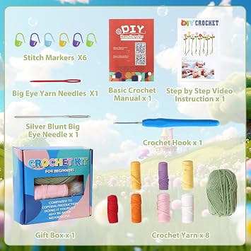ASTNIC Crochet Set for Beginners 8-Piece Flower Bookmark Crochet Starter Set Crochet Yarn Set for Adults Children DIY Craft Gift with Step by Step Video Instructions Crochet Yarn and Hooks