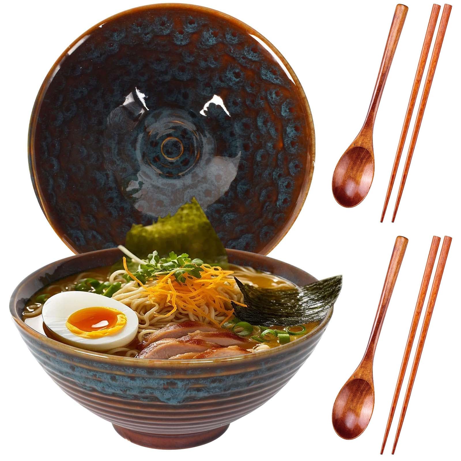 Lot de 2 Bols à Ramen en Céramique de 1200ml avec Baguettes et Cuillères, Bol Japonais vintage, 20 x 20 x 8.5cm Bol en Céramique pour Ramen, Salade, Céréales, Pâtes (Bleu)