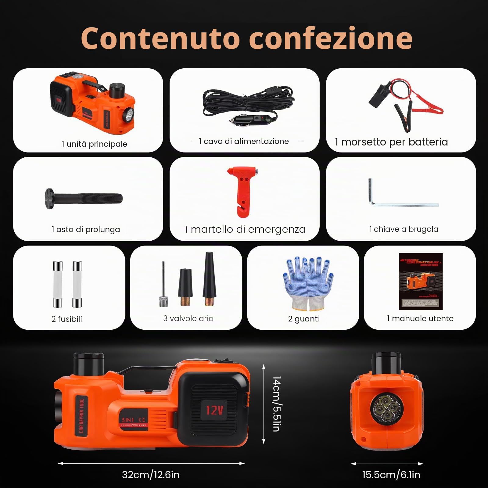 Cric idraulico elettrico 5T 12V 180W con pompa gonfiabile e luce LED 150-540 mm per auto SUV