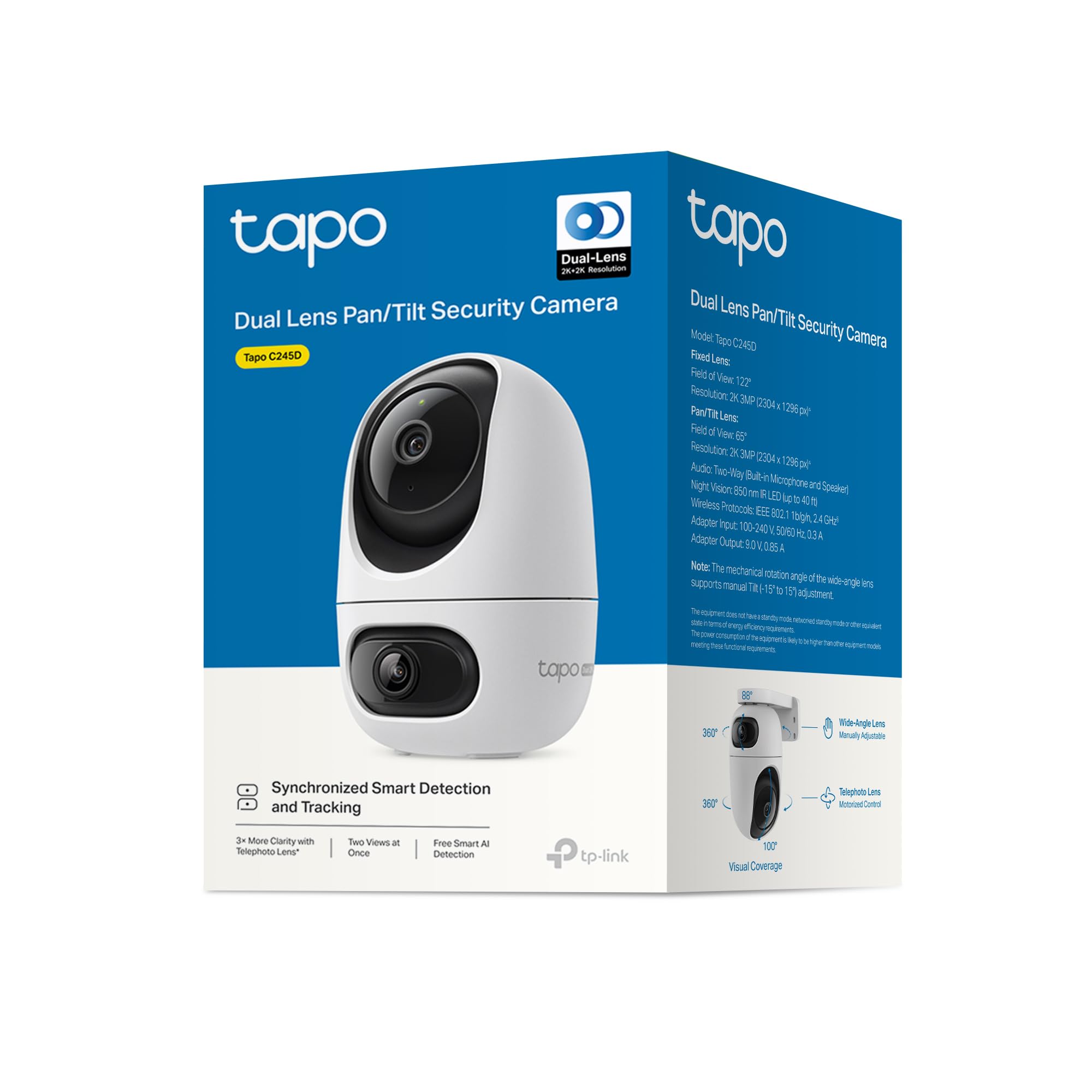 Tapo C245D Dual Kamera Überwachung Innen, 2K Weitwinkel- & Teleobjektiv, 2 Bereiche gleichzeitig überwachen, KI-Erkennung ohne ABO, IR-Nachtsicht, lokale Speicher mit Micro-SD oder H500 CentralHub