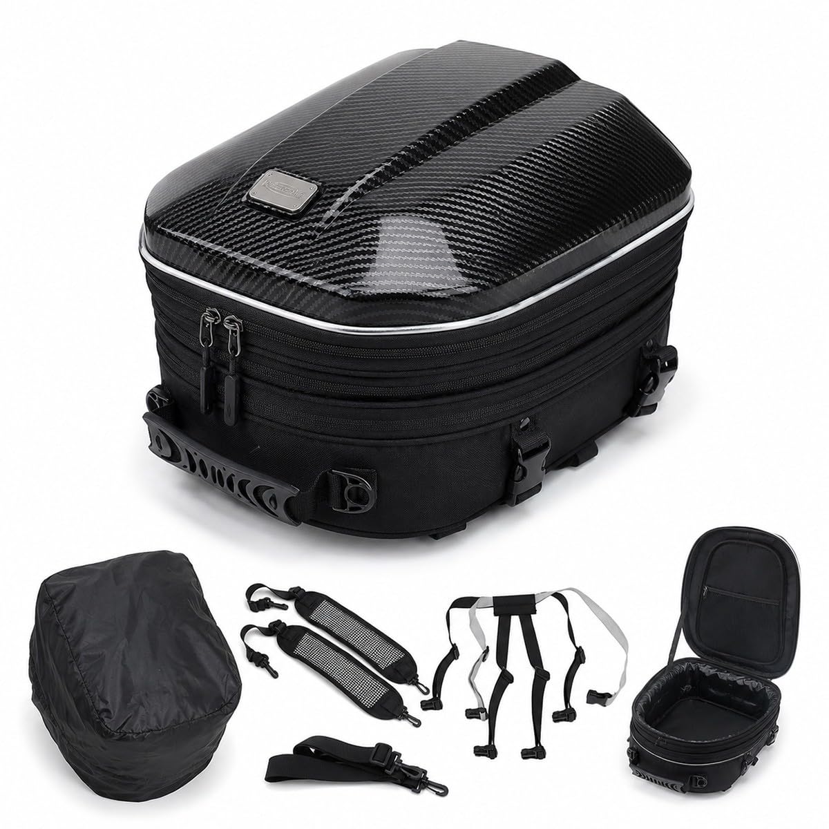 Baannaww Expandable Motorcycle Tail Bag 37x30x24cm, Hard Shell Rear Seat Bag for Helmet, Riding Gear, Tablet and Daily Items, Carbon Fiber Style Motorbike Luggage with Rain Cover and Straps