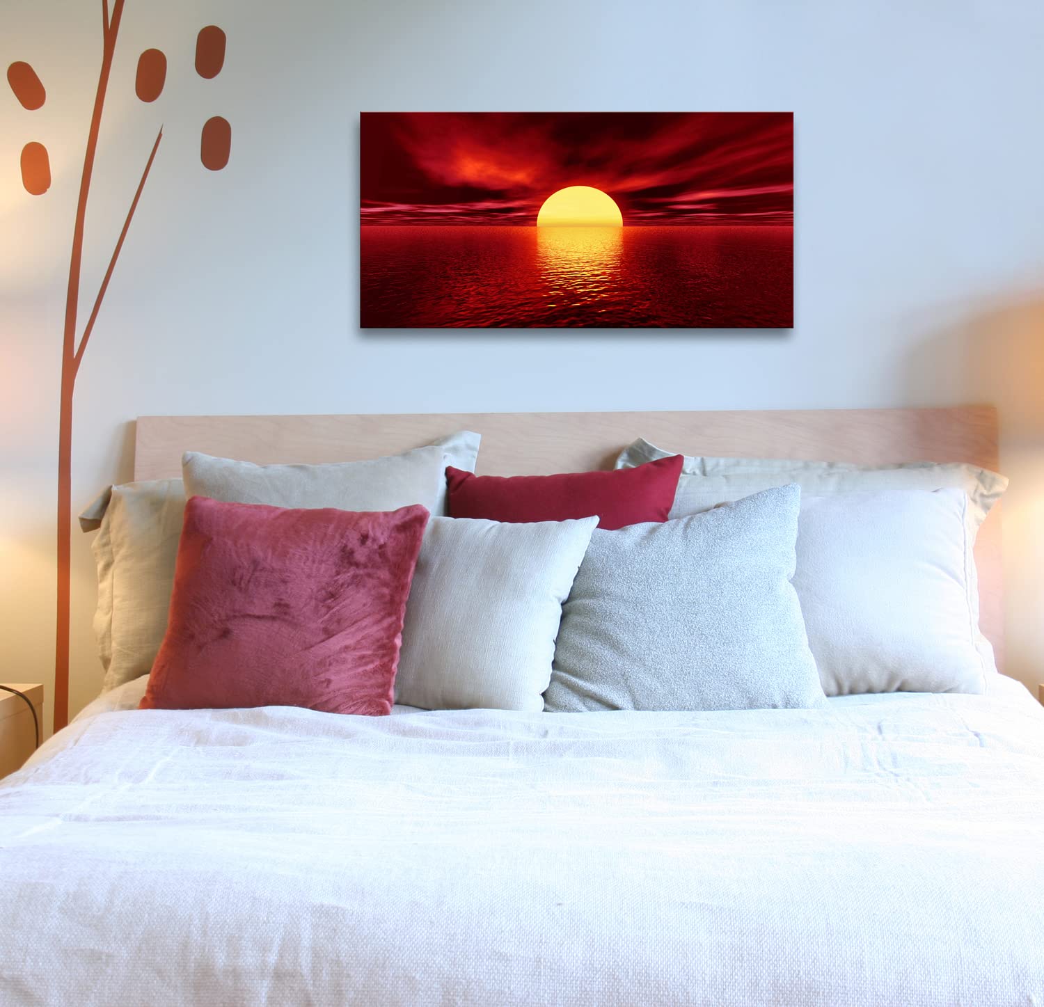 Landscape Canvas Wall Art,Red Photo Sunset Beach