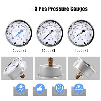 Hydraulic Nitrogen Accumulator Charging Kit, Professional Fill & Pressure Test System with 3 Gauges (1500/4000/6000 PSI), 7 Couplings, 1 Gas Hose, and Pressure Gauge