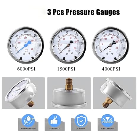 Hydraulic Nitrogen Accumulator Charging Kit, Professional Fill & Pressure Test System with 3 Gauges (1500/4000/6000 PSI), 7 Couplings, 1 Gas Hose, and Pressure Gauge
