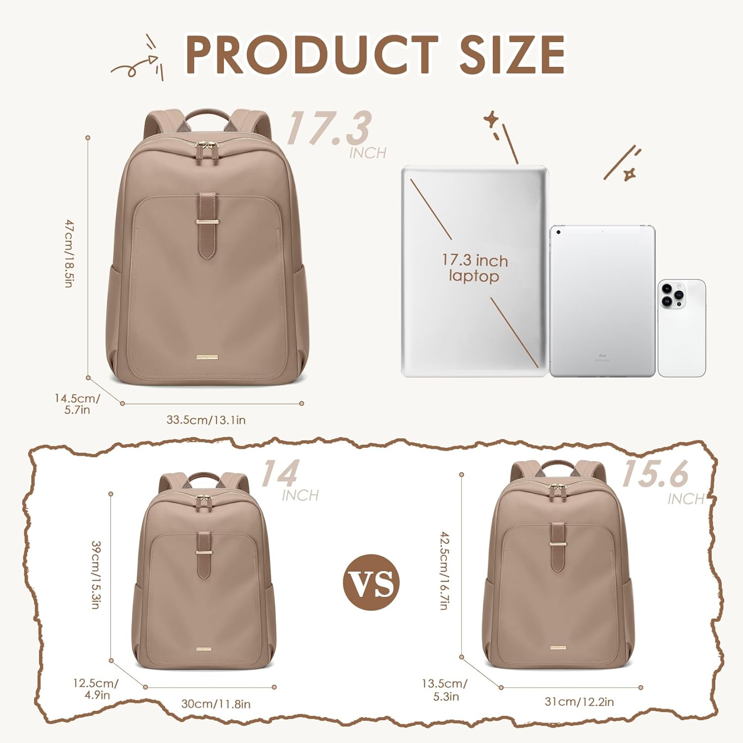 Laptop Backpack for Women,Casual Work Business Backpacks Purse Carry on Travel Backpack,17.3 Inch,Champagne Brown
