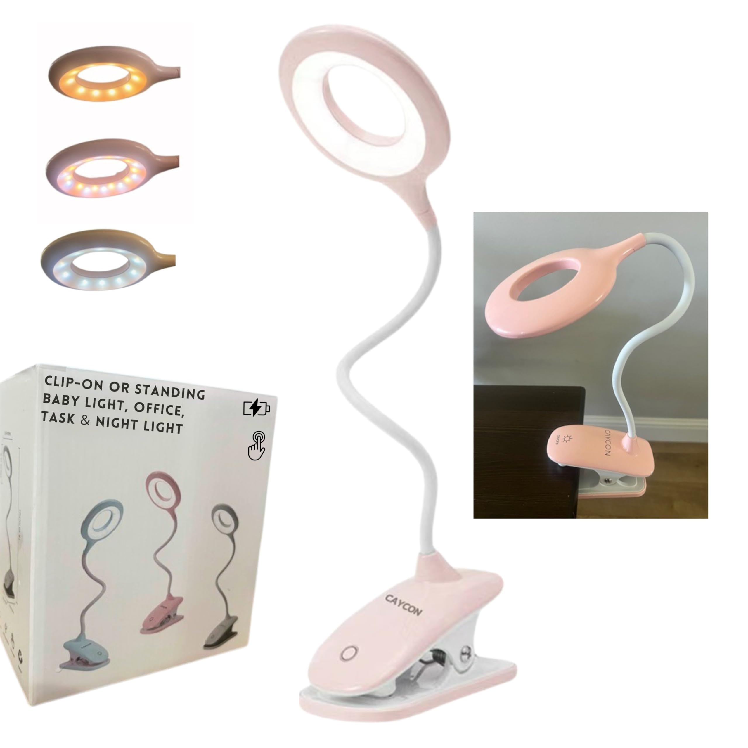 CAYCON Portable LED Clip On Night Light for Babies, Kids & Adults – Dimmable, Rechargeable, 3-Colors for Nursery, Desk, Crib, Diapers, Reading, Feeding, Bedroom, Office, Task, Car, Music, Travel, Gift