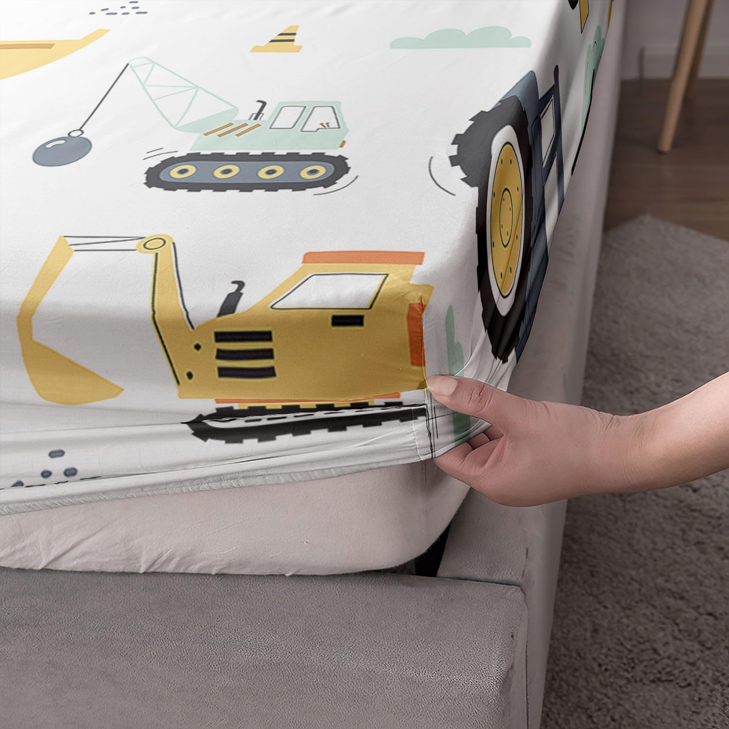 Truck Sheets Set 4Pcs for Kids,Crane Excavator Engineering Vehicle Printed Sheet Set with 1 Flat Sheet and 1 Fitted Sheet + 2 Pillowcases(Vehicle Full)