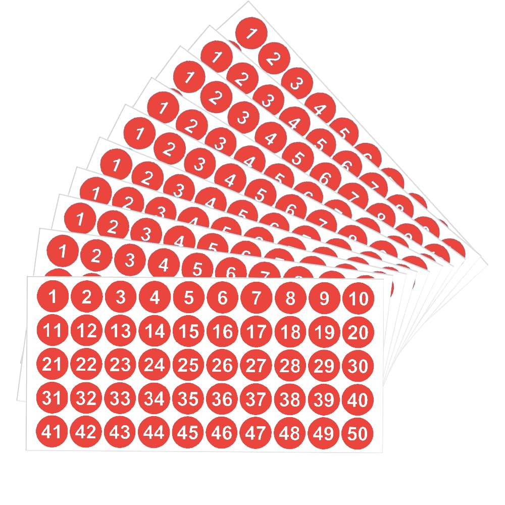 Licqic Red 10 Sheets Self Adhesive Number Stickers, 1 To 50 Sticky Round Number Labels For Sorting, Organizing, Storage Boxes, Lockers, Office&School Supplies, 1 Inch