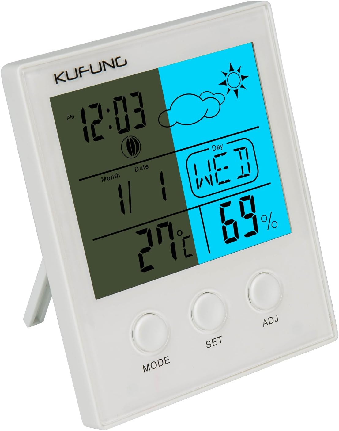 KUFUNG Backlight Hygrometer Thermometer, Digital Humidity Monitor Sensor with large LED display shows temperature,date,weather,Humidity&alarm
