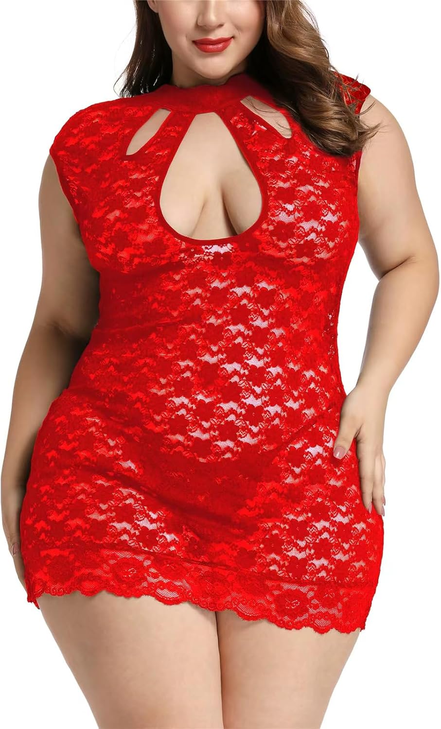 Plus Size Lingerie for Women Bust Keyhole Lace Babydoll Chemise Mesh Sleepwear - Image 2