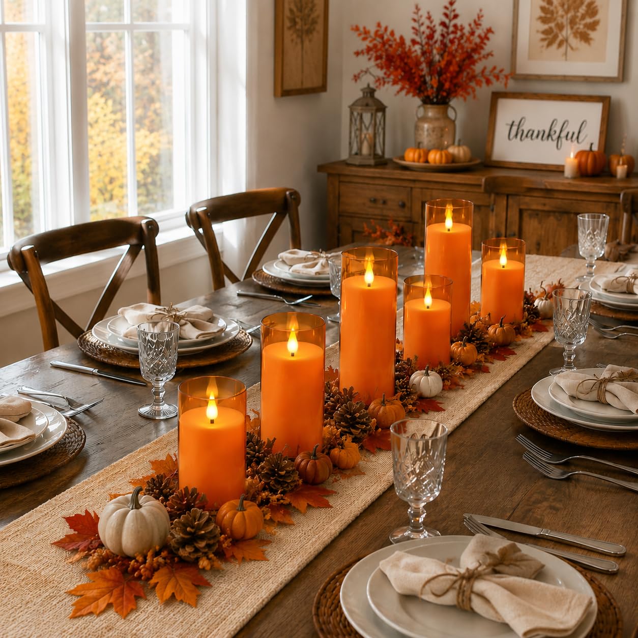 Fo32won Candele a pilastro a LED senza fiamma, a batteria, con timer remoto, confezione da 5 candele in acrilico tremolanti 3D per autunno, Halloween, Ringraziamento, Natale, decorazione per camino