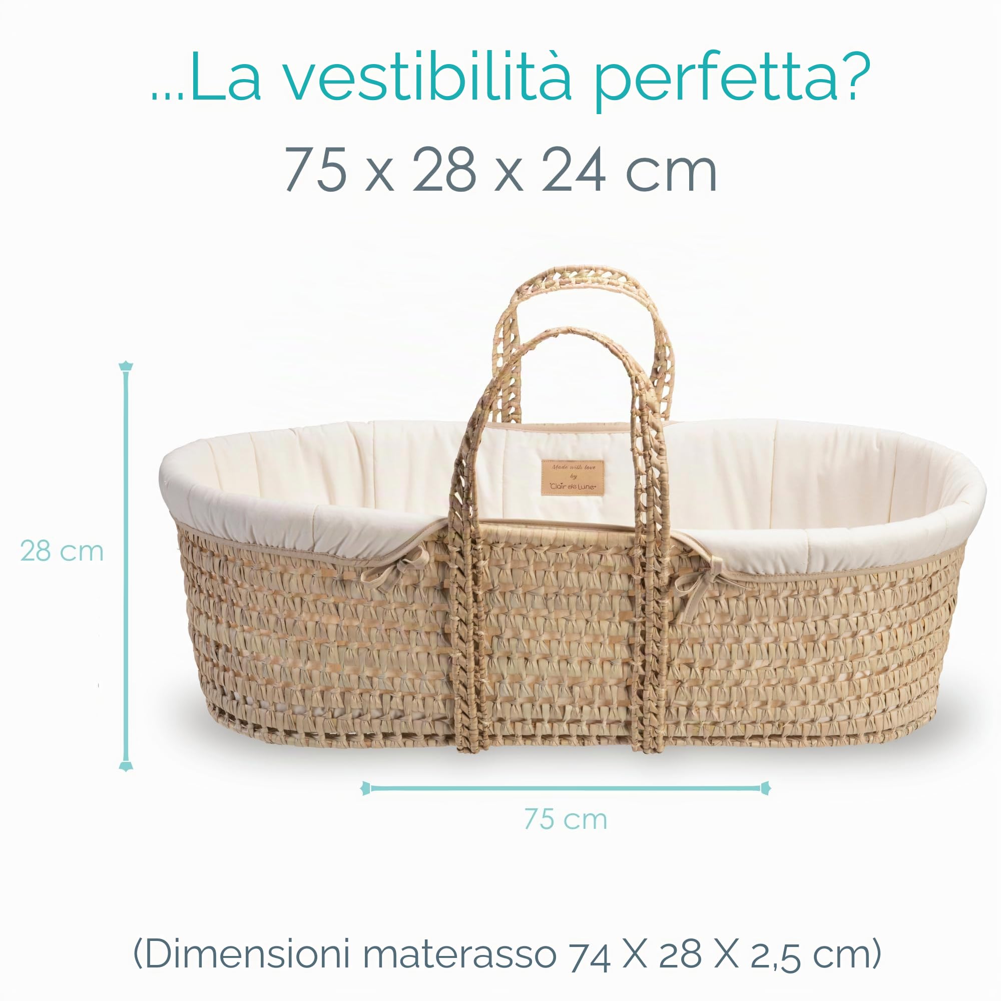Clair de Lune Cesta in palma biologica, vincitrice del premio Oro, viene fornita con medicazione biologica, materasso in bambù naturale e morbido lenzuolo in vimini 75 x 28 cm (crema naturale)
