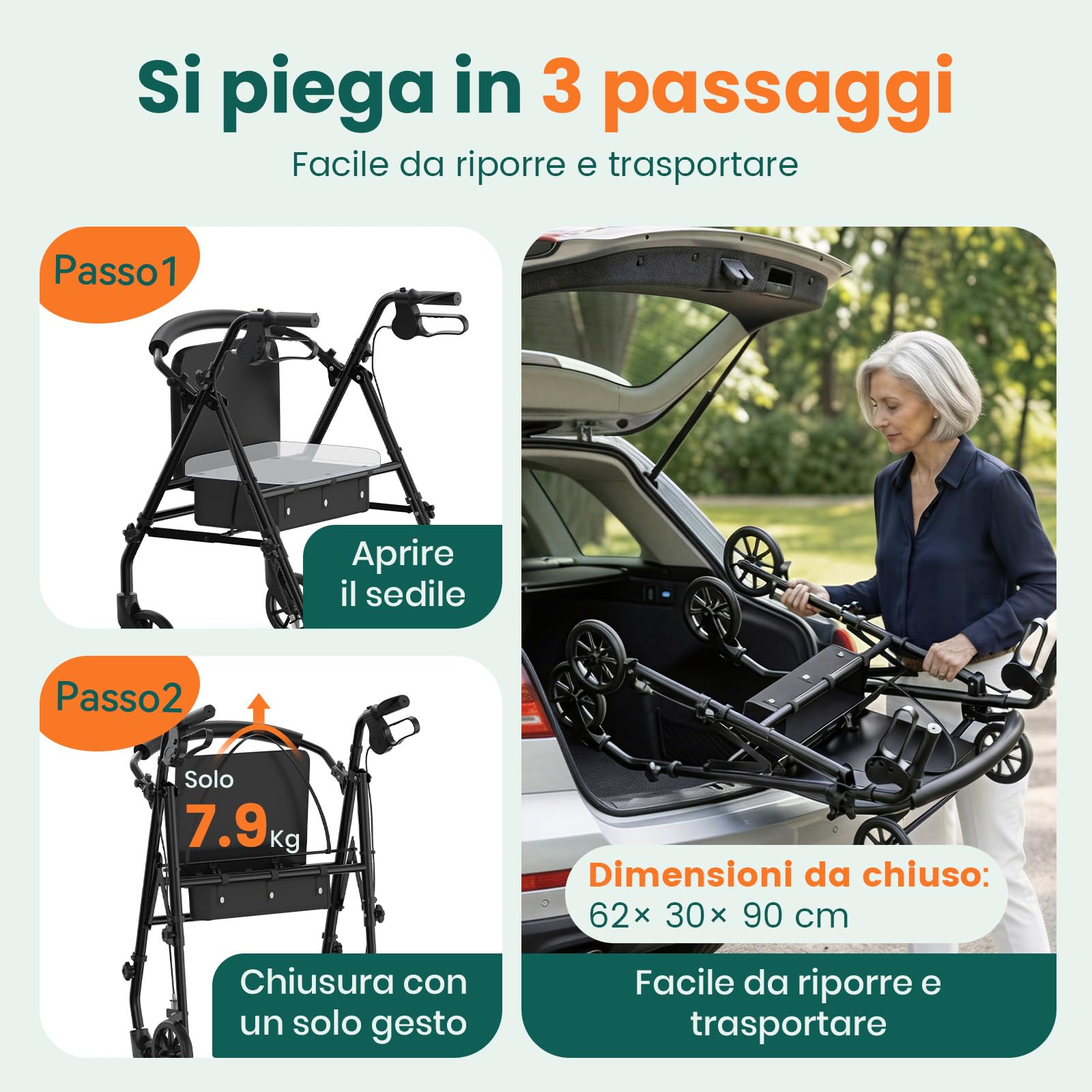Deambulatore Rollator con Sedile e Spazio di Stoccaggio – Ausilio di Camminata Leggero e Pieghevole a 4 Ruote per Anziani e Disabili, Uso Interno ed Esterno, Nero