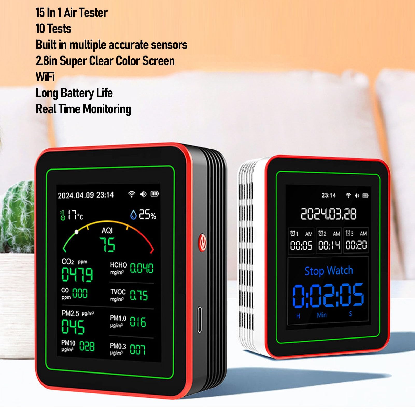 CO2 Monitor Luftqualitätsmonitor, 15-in-1 WLAN Innenraum CO2 messgerät Luftqualität Monitor für CO2, TVOC, HCHO, PM0.3-PM10,Tragbarer Luftdetektor, Temperatur & Luftfeuchtigkeit mit Echtzeitanzeige