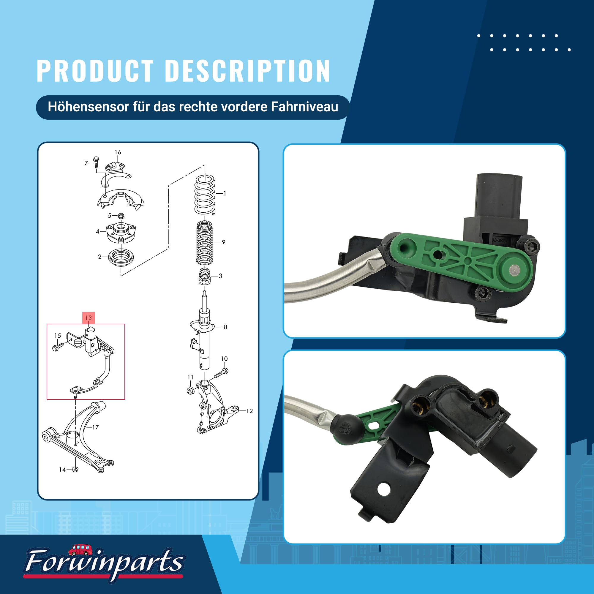 Forwinparts rechte Seite 3C0412522B Höhensensor für das rechte vordere Fahrniveau für Audi Q3 RSQ3 VW Caddy CC EOS Golf Passat Scirocco Sharan Tiguan Touran seat Alhambra