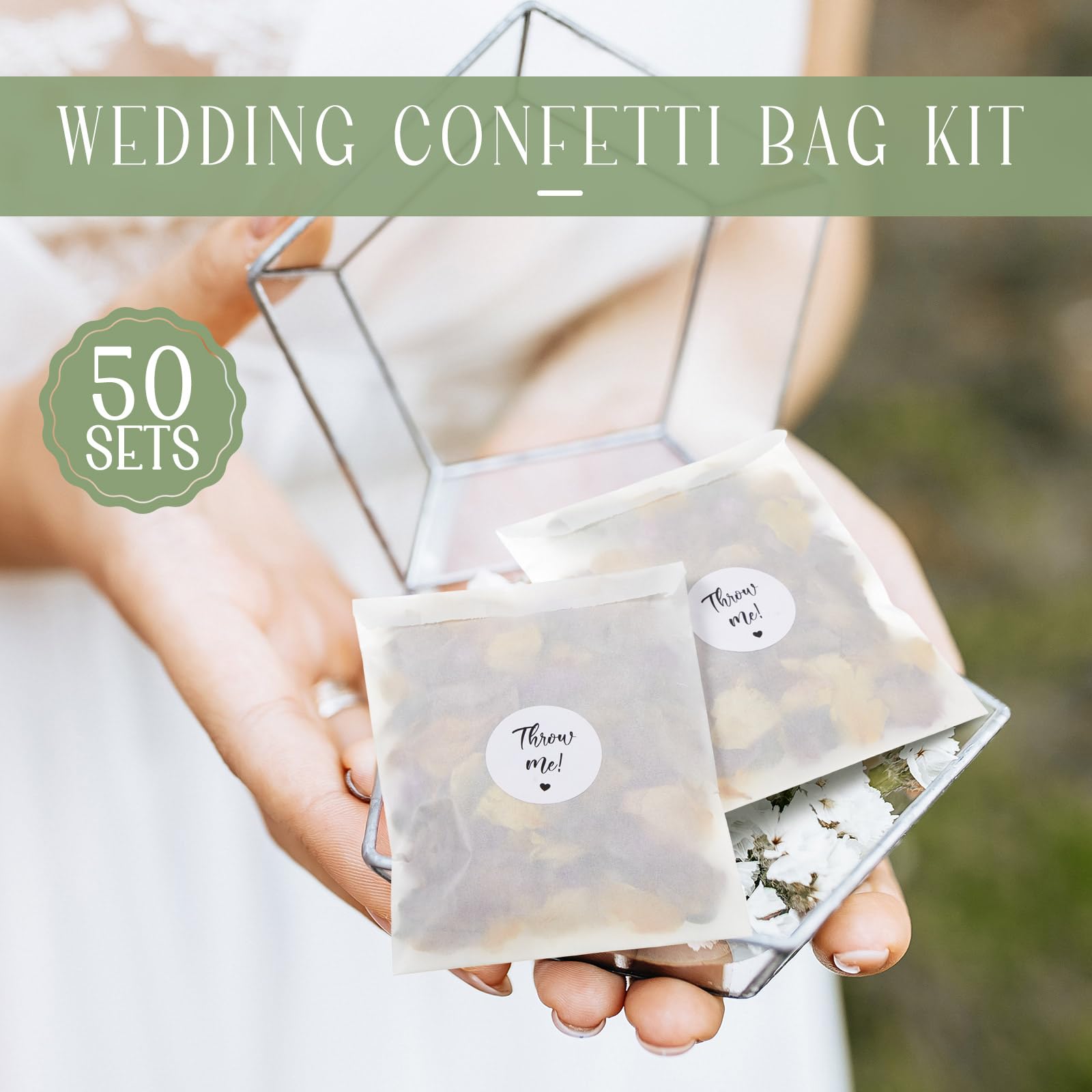 Tenare 50 Set di Sacchetti di Coriandoli di Fiori Secchi Kit per 45-50 Ospiti Include Petali Secchi Naturali di Rose Sacchetti di Carta Glassine Adesivi per Festa Anniversario Matrimonio (Carino)