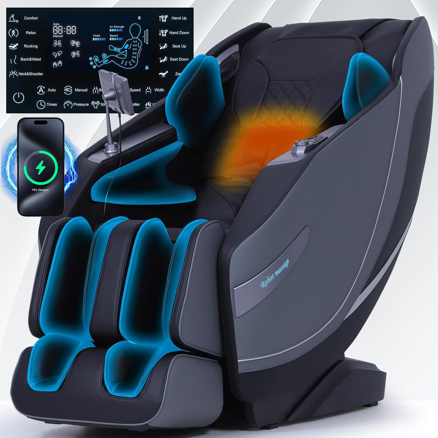 Stylish Massage Chair Full Body Zero Gravity Massage Chair Rocking Sleep Mode SL 3D Yoga Stretch Massage with Heat Wireless Phone Charge Upgraded Calf +11cm 12+ Modes Screen Touch Large Size Black