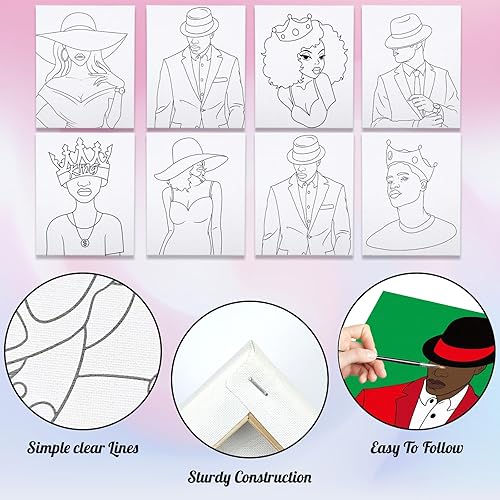 Miniatura 10 de VOCHIC 8 piezas de lienzos predibujados para pintar para adultos, kit de sorbo y pintura, suministros de fiesta, juego de pintura en lienzo, juegos