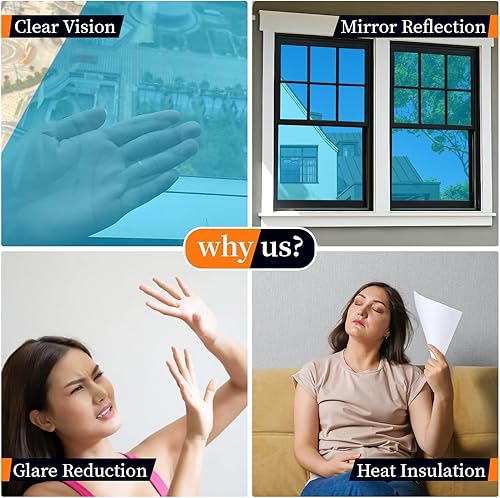 Miniatura 6 de Bloss Película reflectante unidireccional para ventana, privacidad diurna, no adherente, estática, tinte, anti UV, control de calor, película de
