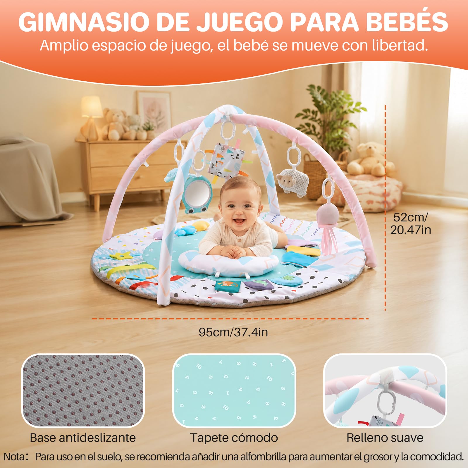FUNYKICH Gimnasio para Bebé 0-18 meses con Alfombra Antideslizante | 95x95x52cm, 5 Juguetes Colgantes+Espejo+Almohada, Lavable a Máquina, Regalo para Recién Nacido, para Desarrollo Cerebral