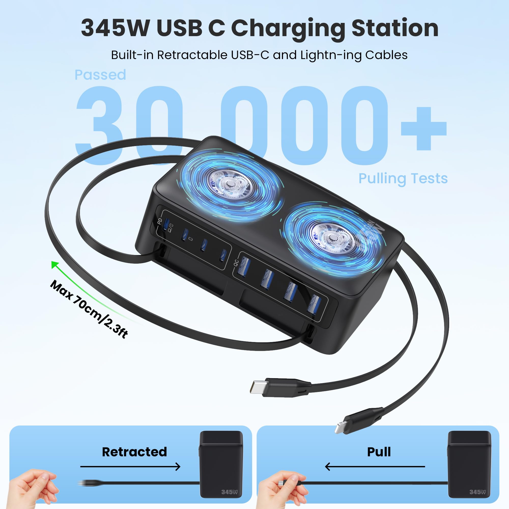 345W Chargeur USB C Multiple avec Câble Rétractable, 10-en-1 GaN VI Tech Prise USB, PD/PPS/QC Chargeur Rapide Multiple Station de Charge pour MacBook Pro/Air, iPhone, i Pad, Sam Sung Tablette etc.