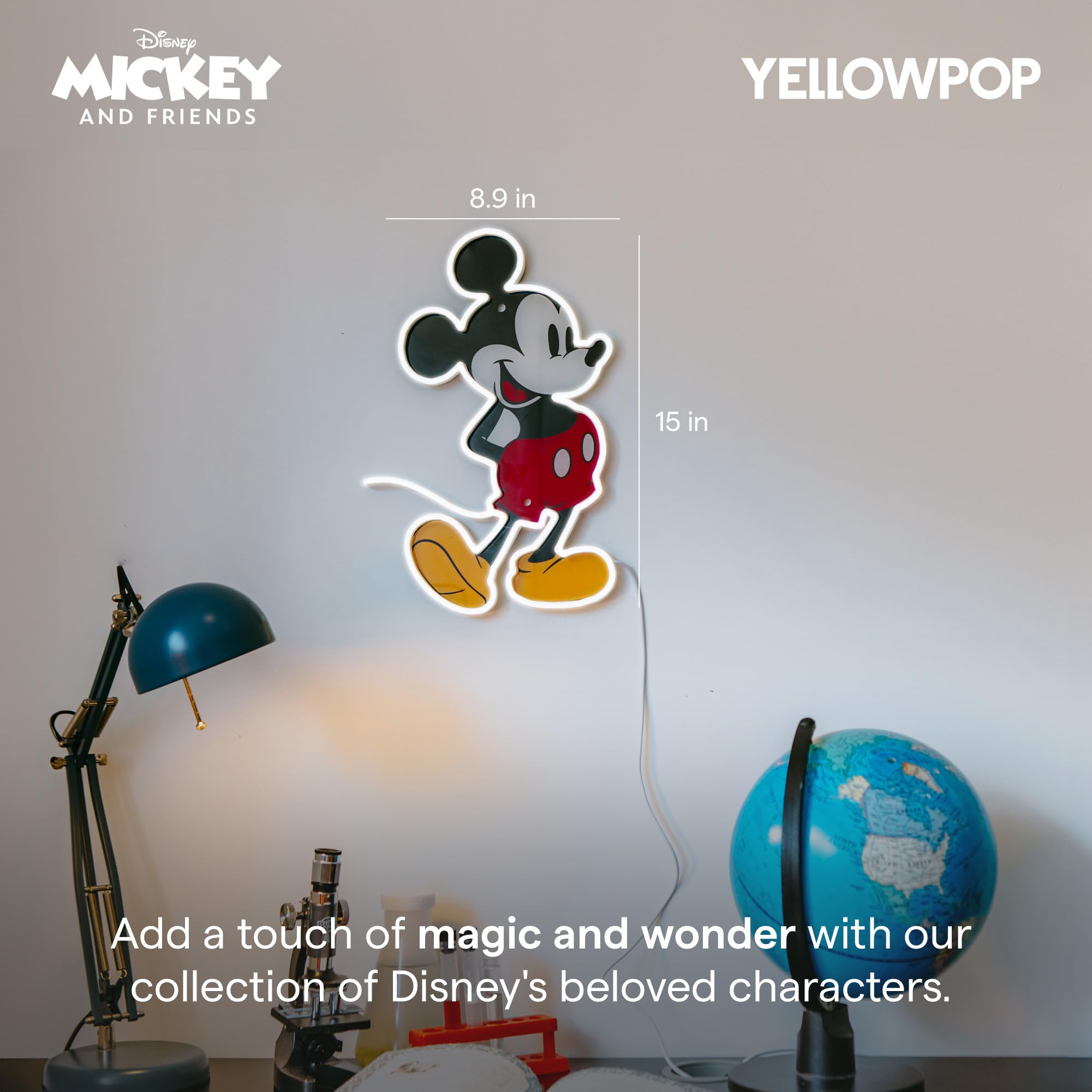 YELLOWPOP Letreros de neón, Mickey Mouse de Disney (cuerpo completo), decoración de pared, luces LED de neón de bajo consumo para todas las paredes, fácil de instalar, letrero de neón personalizado y