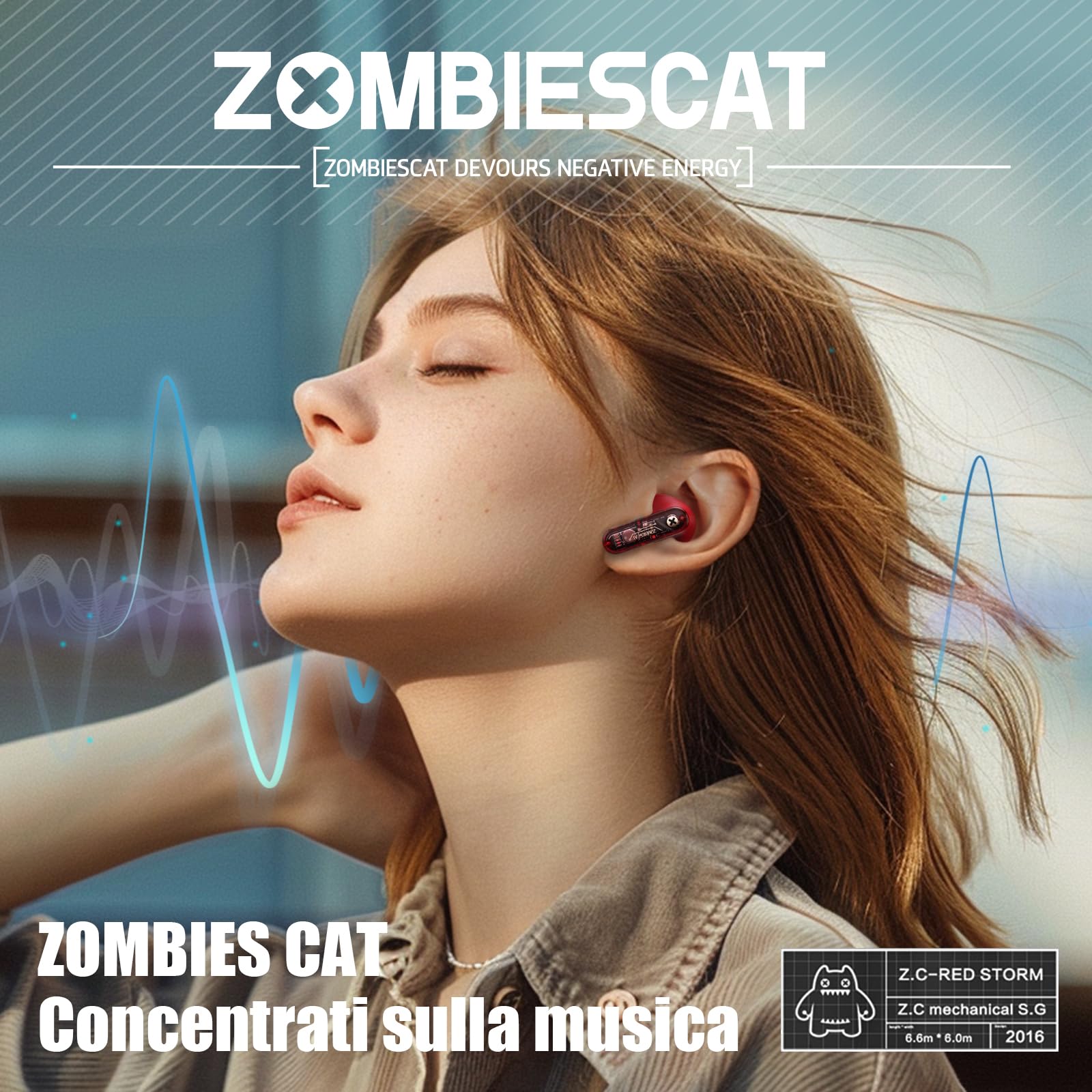 ZOMBIES CAT Cuffie Bluetooth Auricolari Bluetooth 5.3 40H Playtime HiFi Stereo Auricolari esclusivi effetti luce Cuffie Touch Control Auricolari In Ear per IOS Android, B2 Rosso