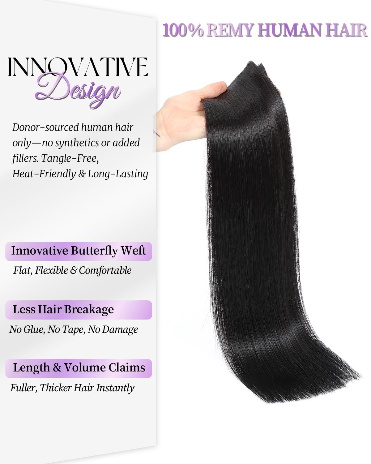 22 Inch Butterfly Weft Hair Extensions 50g Remy Human Hair Full Shine Butterfly Weft 100% Real Human Hair Extensions  main image 2