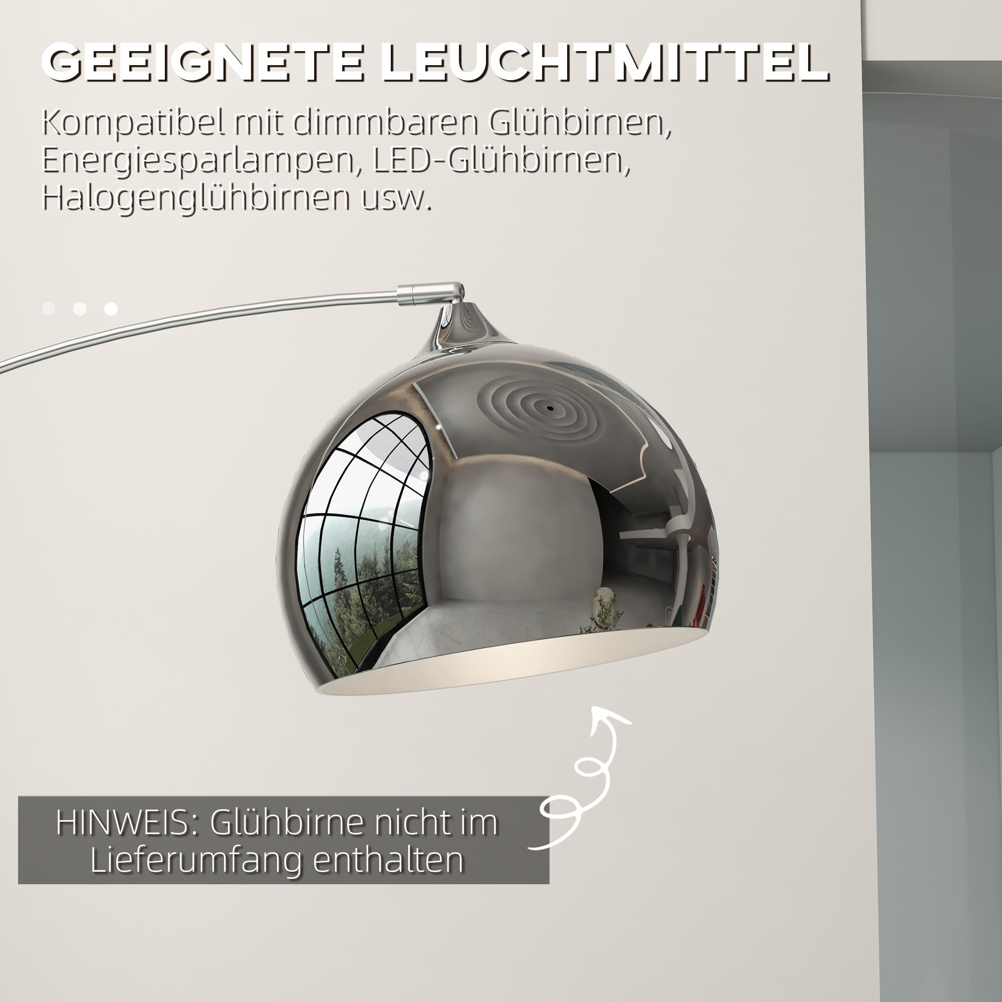 HOMCOM Stehlampe Stehleuchte höhenverstellbar, schwenkbar Bogenlampe mit E27 Fassung Standleuchte für Wohnzimmer Schlafzimmer, Silber, exkl. Glühbirne