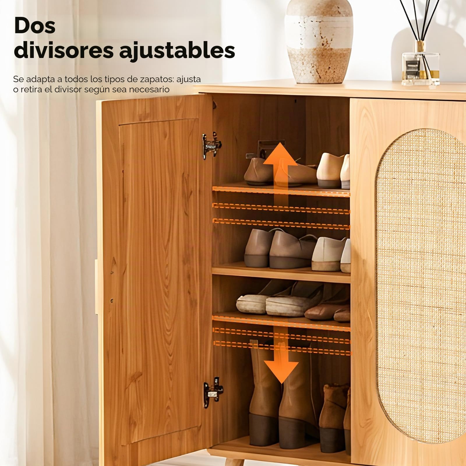 HOKEEPER Armario Zapatero de Ratán con 3 Puertas, Ideal para Recibidor o Entrada, Mueble Zapatero de Madera Estrecho, Veta de Madera