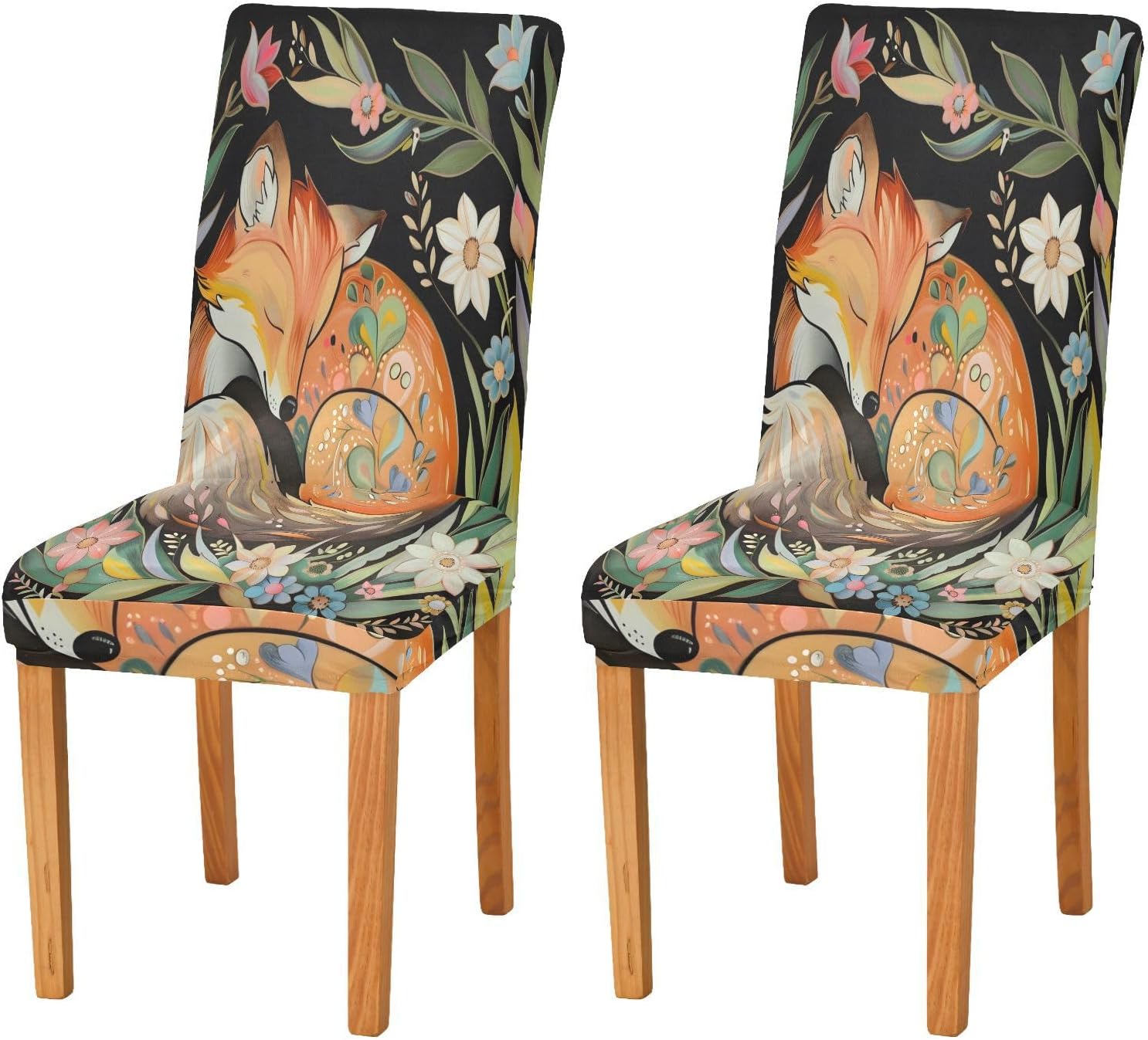 ALAZA Chair Covers for Dining Room, Fox Grass Surrounded Wildflower Stretch Chair Cover Sets Chair Protector Removable Washable for Ktichen Restaurant Hotel