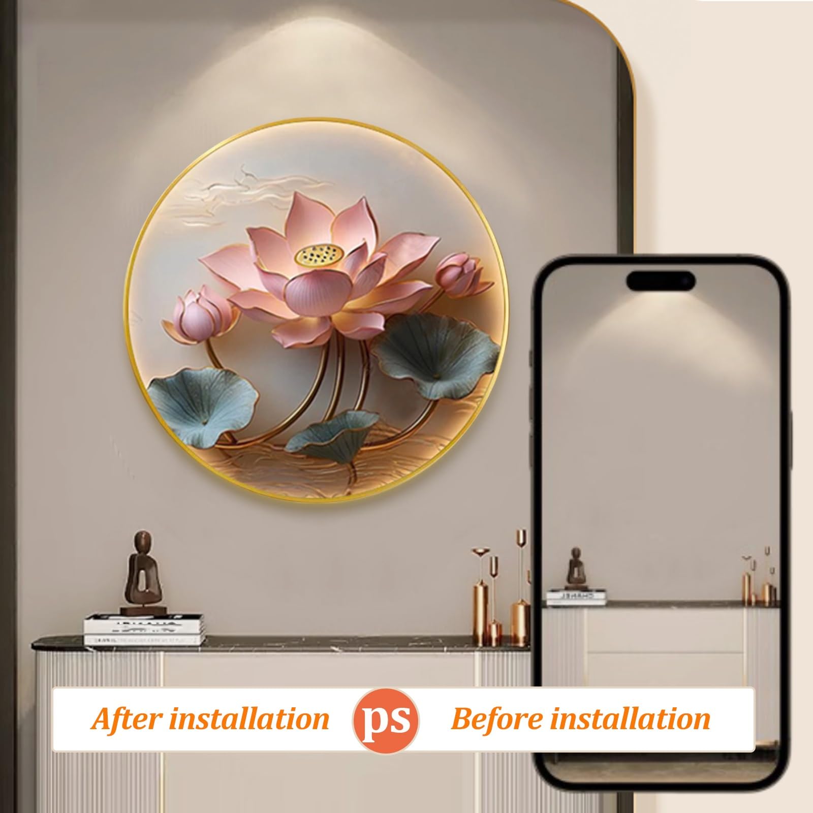 DAJIAYIQI 3D-Lotus-Skulptur LED-Wanddekoration, chinesisches Wandbild, USB, Fernbedienung, 40cm
