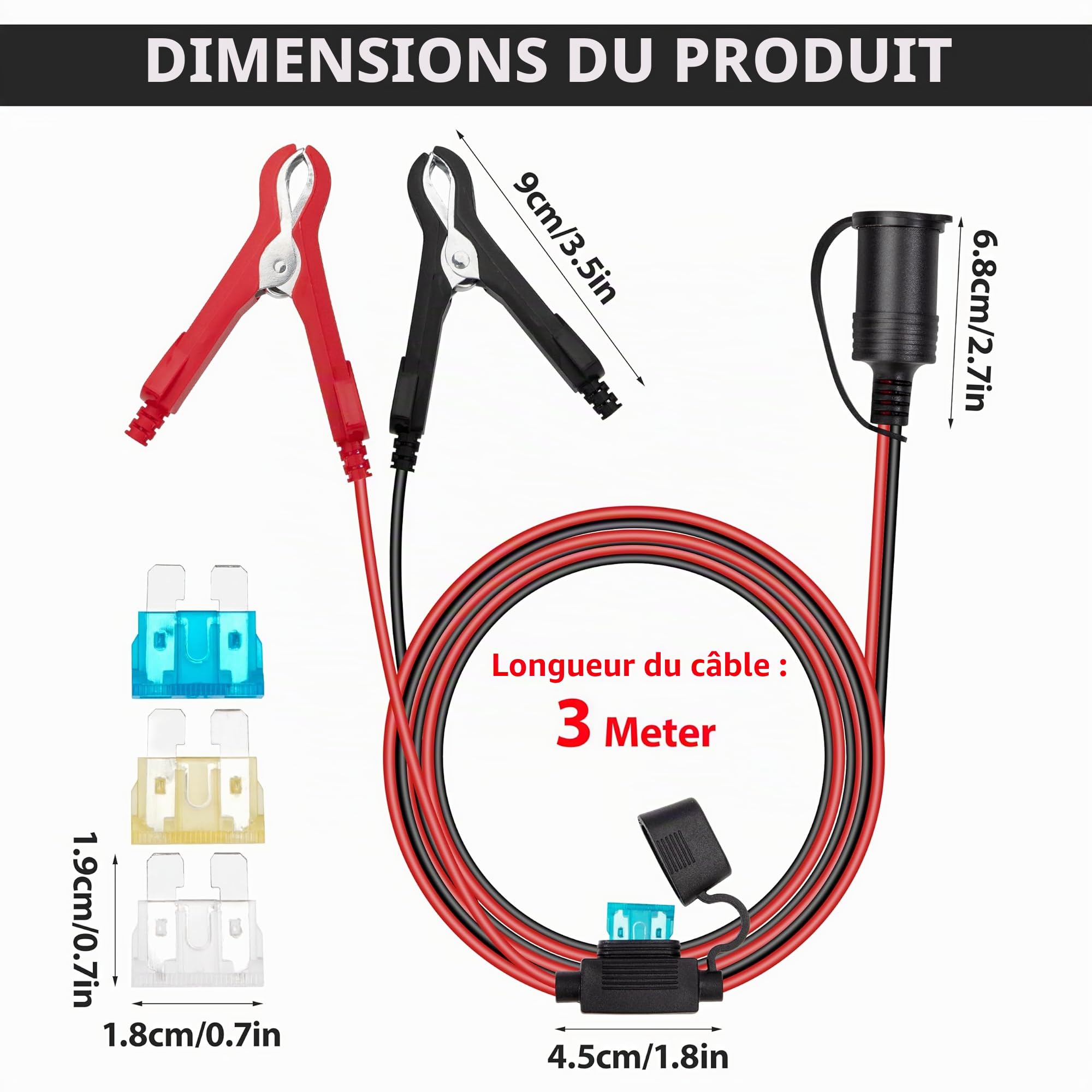 Rallonge Allume Cigare 12V Prise Allume Cigare avec Pince Batterie Voiture Câble d'Extension 3 Mètre 16AWG avec Fusible 15A/20A/25A