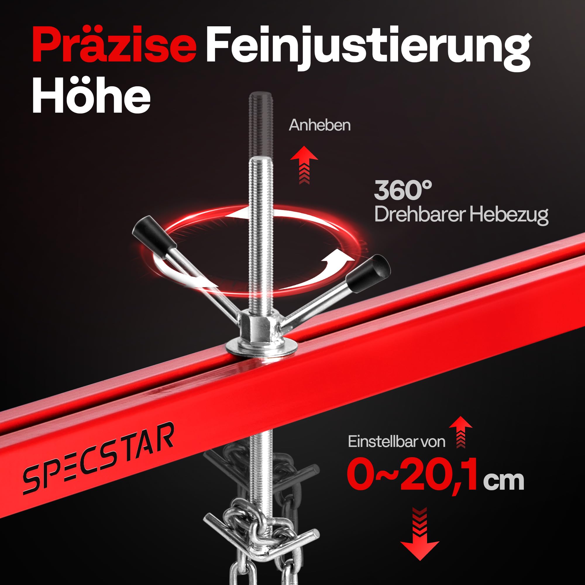 SPECSTAR 500kg Motorbrücke Motorheber Traverse für Motor Getriebearbeiten | 53,3–144,8cm Verstellbar, Doppelpunkt-Hebung mit Doppelhaken, 360° Drehung mit 2-Punkt-Halterung und Doppelhaken