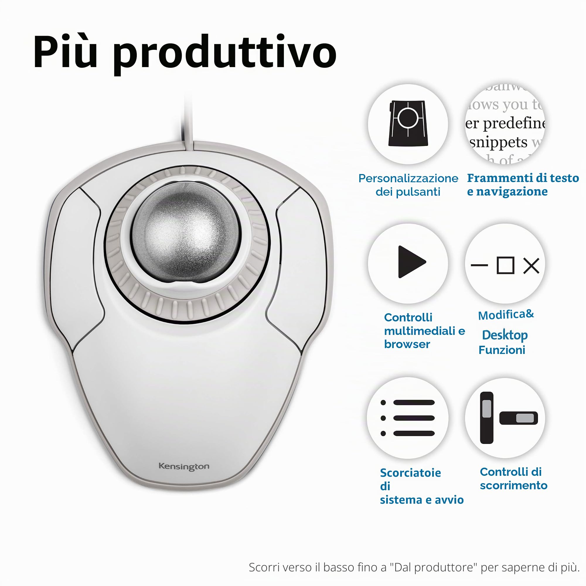 Kensington Mouse Trackball Orbit con cavo per PC, Mac e Windows, Rotella di Scorrimento, Design Ambidestro, Tracciamento Ottico, sfera da 40 mm, Bianco/Argento (K72500WW)