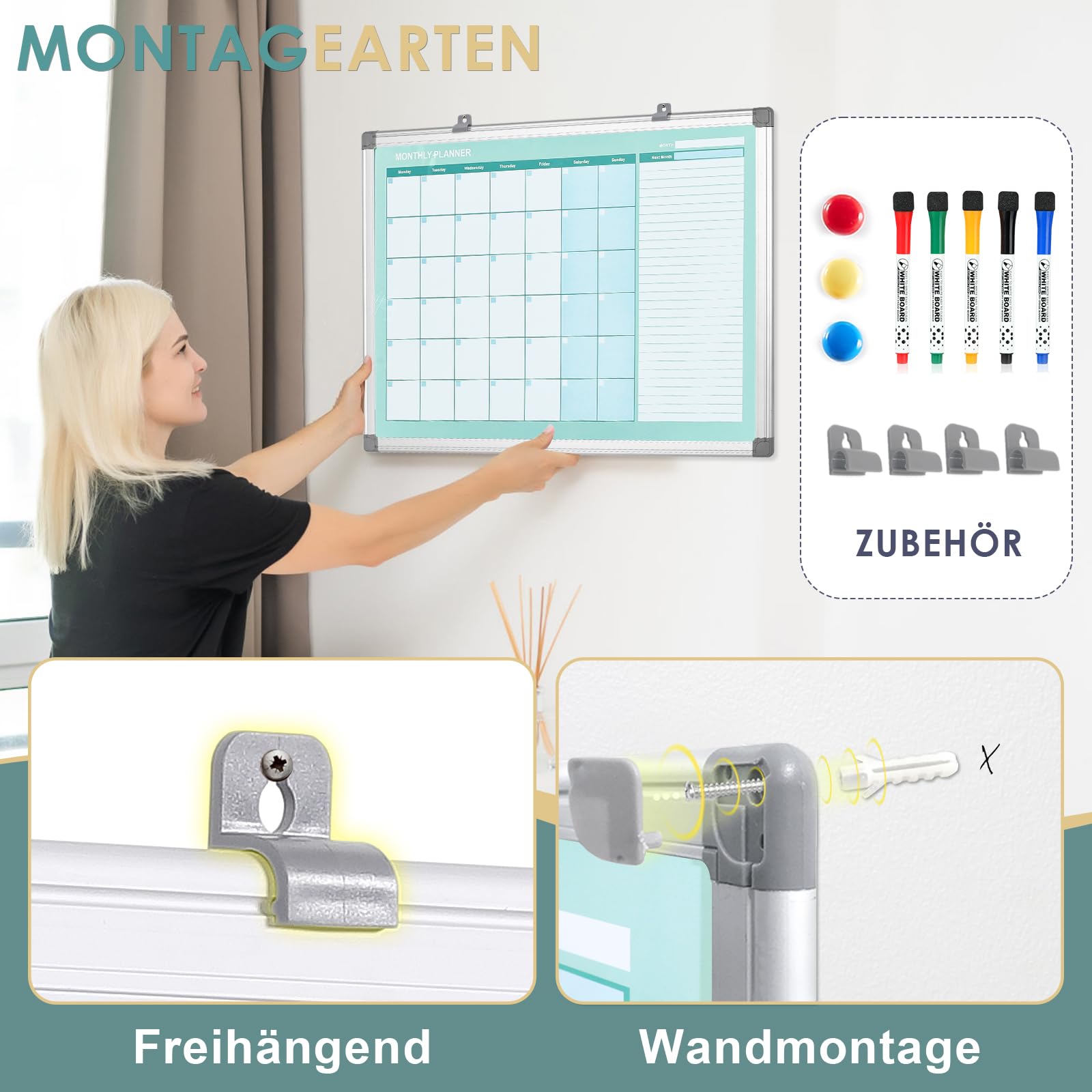 MAKELLO Whiteboard Monatsplaner 90x60cm Abwischbar Kalender mit nächstem Monat Büro