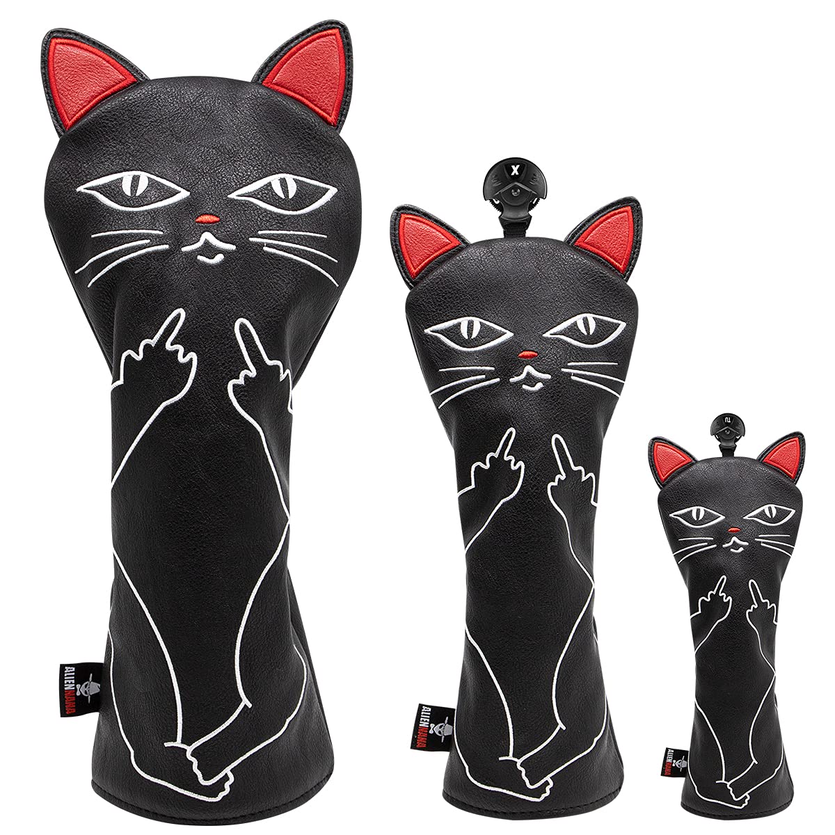 ゴルフクラブヘッドカバー ゴルフウッドカバー カッコイイネコデザイン ゴルフヘッドカバー ゴルフウッドカバー Aliennana Cute Catドライバーカバー （DR)フェアウェイウッド（FW)、ユーティリティ用(UT) (DR＋FW＋UT(３枚)-黒)