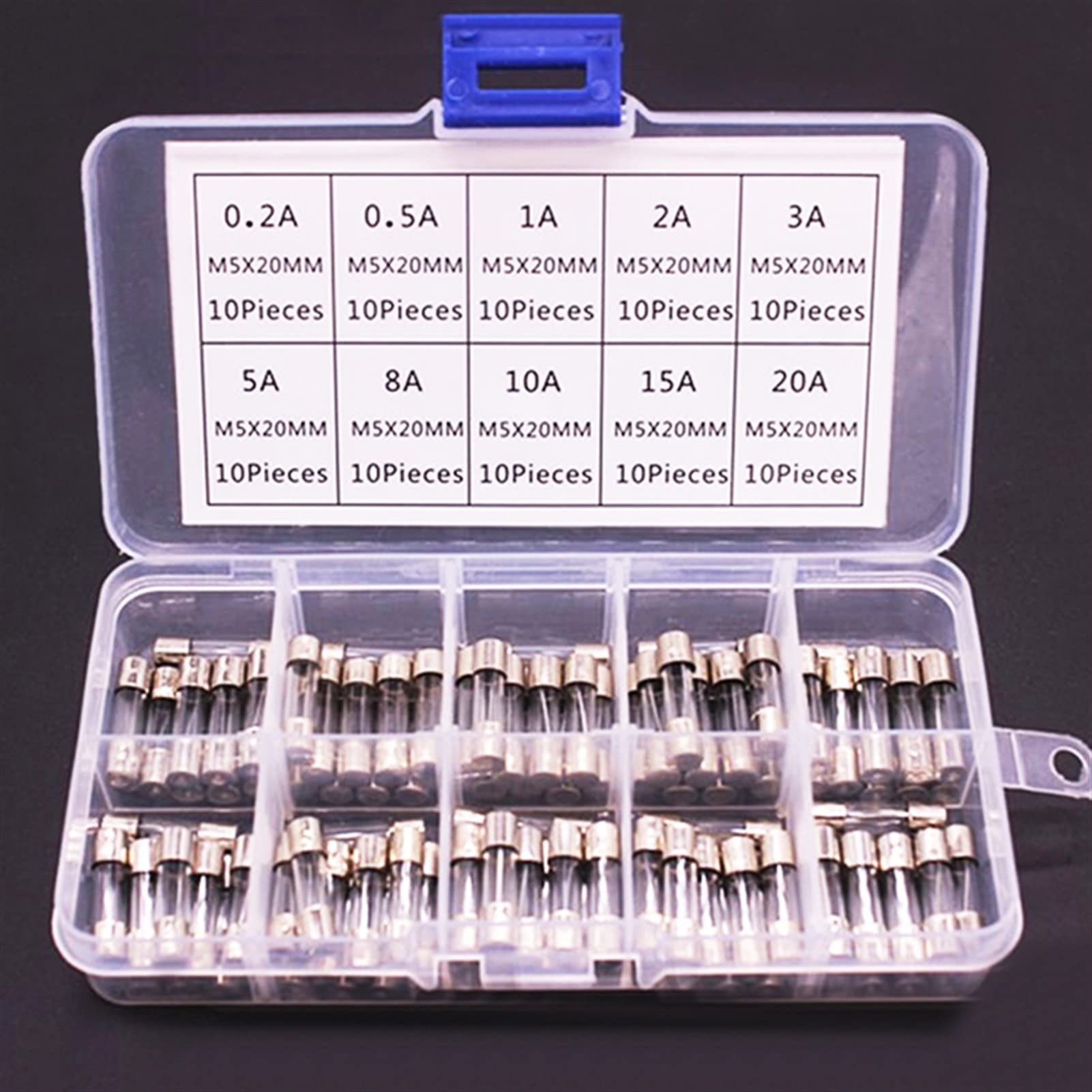 AVSBBYEPS Fuse 100pcs/lot Set Kit 5x20mm Assorted Kits DIY Quick Blow Glass Tube Fast-Blow Fuses 0.2A-20A