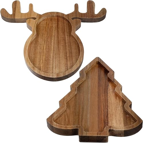2 platos de madera de acacia de Navidad para servir en forma de árbol y cornamenta, plato de exhibición de platos de frutas, bandeja de tablero de