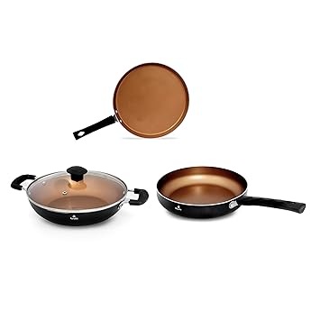 HomeTag Elite 3 PCS Non-Stick Cookware Set, 2.5 Ltrs Kadai, 1.5 Ltrs Fry Pan, 28.5 cm Tawa - with Induction and Glass LID (Elite 3 PCS Cookware Set - Copper Black)