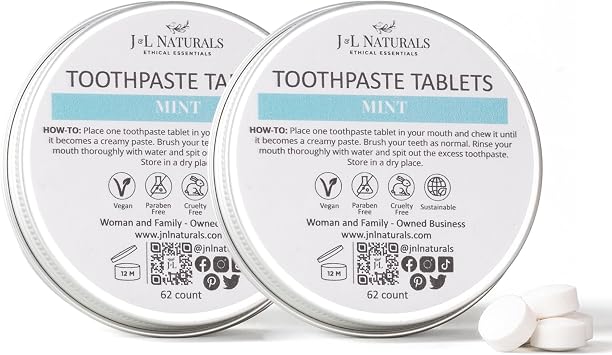 J&L Naturals Toothpaste Tablets | 62-Pack Travel-Friendly Toothpaste | Fluoride + Plastic Free, Vegan, Cruelty Free, Sustainable | Woman-Owned Small Business Mint, 62 Count Pack of 2