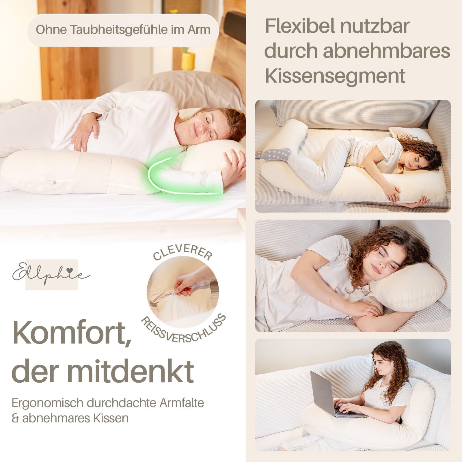Seitenschläferkissen XL, Schwangerschaftskissen, Stillkissen, Memory Foam Füllung, Kissenbezug 100% Baumwolle, Kuschelkissen, Lagerungskissen, Viskosebezug, Pregnancy Pillow, beige