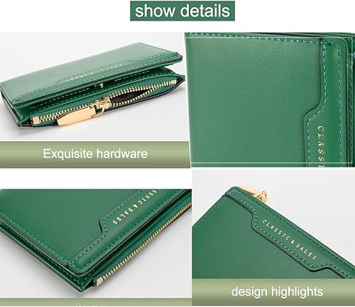 Miniatura 4 de Cartera de piel con bloqueo RFID para mujer, con tarjetero compacto y plegable con cremallera y ventana de identificación, Verde, Cartera simple y