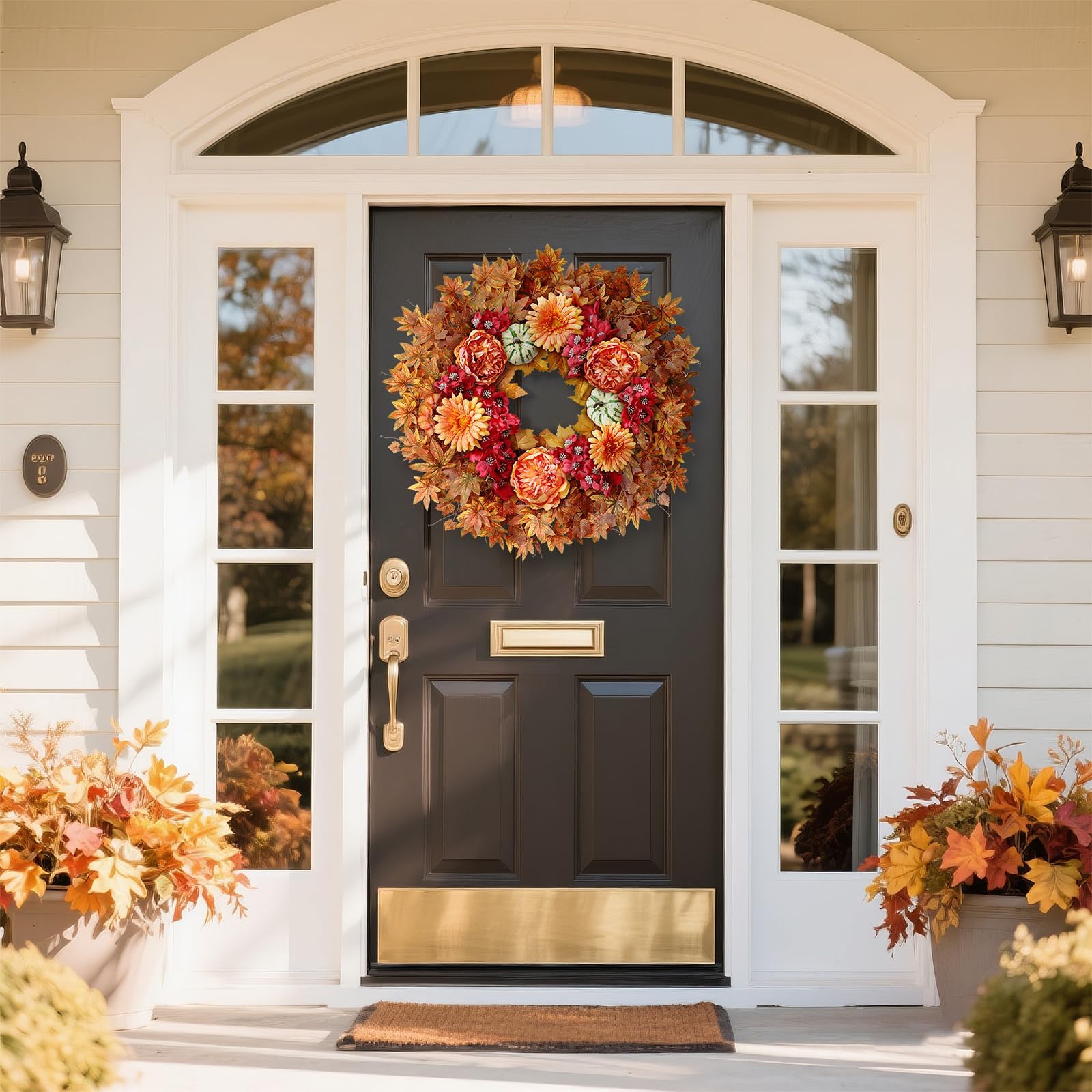 Couronne d'automne de 66 cm pour porte d'entrée – Grandes feuilles d'érable artificielles en soie synthétique – Couronne d'extérieur pour porche, fenêtre, ferme, maison, Thanksgiving, festival
