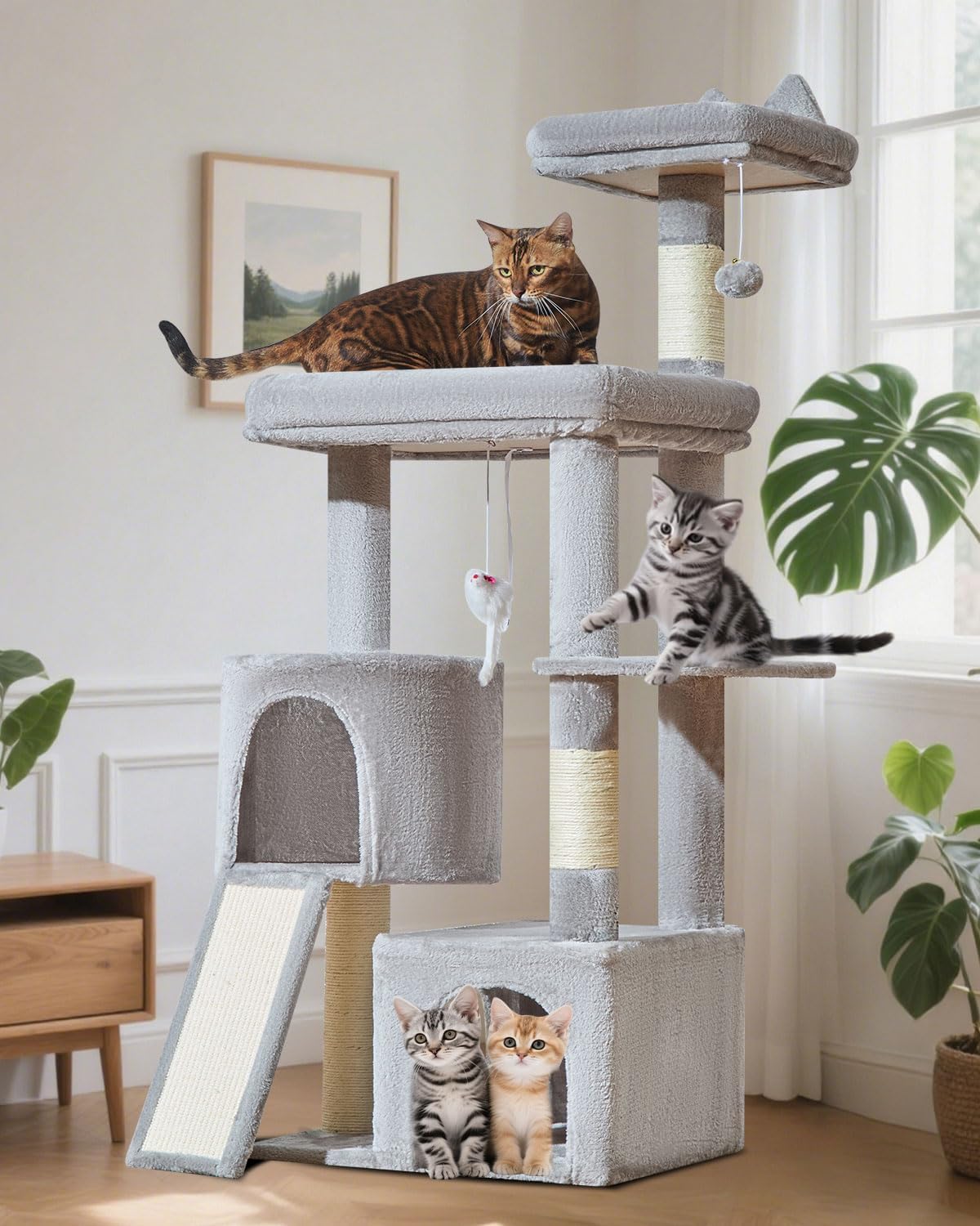 Taoqimiao Cat Tree for Indoor Cats, 55.1In Sturdy Cat Tower, Large Platform, Rotatable Round Condo with Large Scratch Board, Extended Cat House, Thickened Full-Sisal Scratching Post, Light Gray, F10W