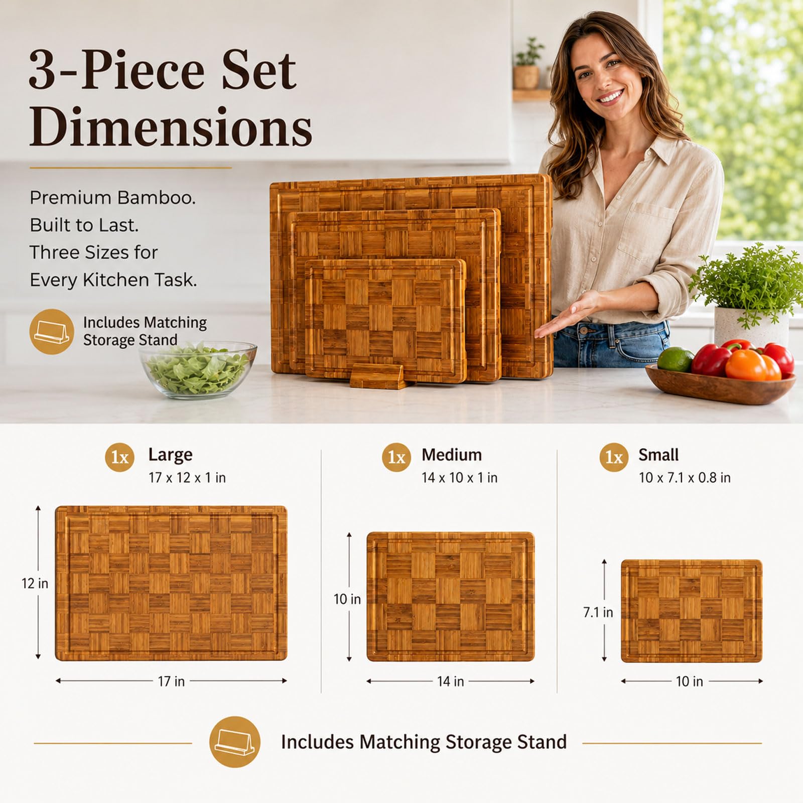 Tabla Cortar Bambú con Soporte, 3 Piezas Tablas para Picar Cocina De Madera con Ranura para Jugos, Tabla para Carne, Fruta, Verdura, Pan Y Quesos Brown,3 PCS (S/M/L)