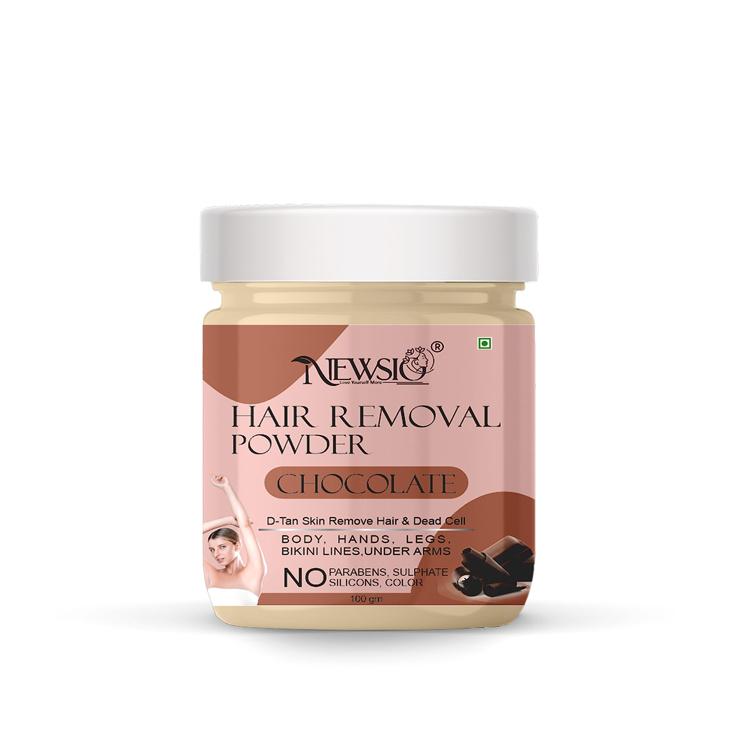 Newsio Pure Hair Removal Powder For Underarms, Hand, Legs & Bikini Line Three in one Use For D-Tan Skin, Removing Hair, Remove Dead cell in Chocolate Fragrance (Pack Of 1 Jar 100 gm)
