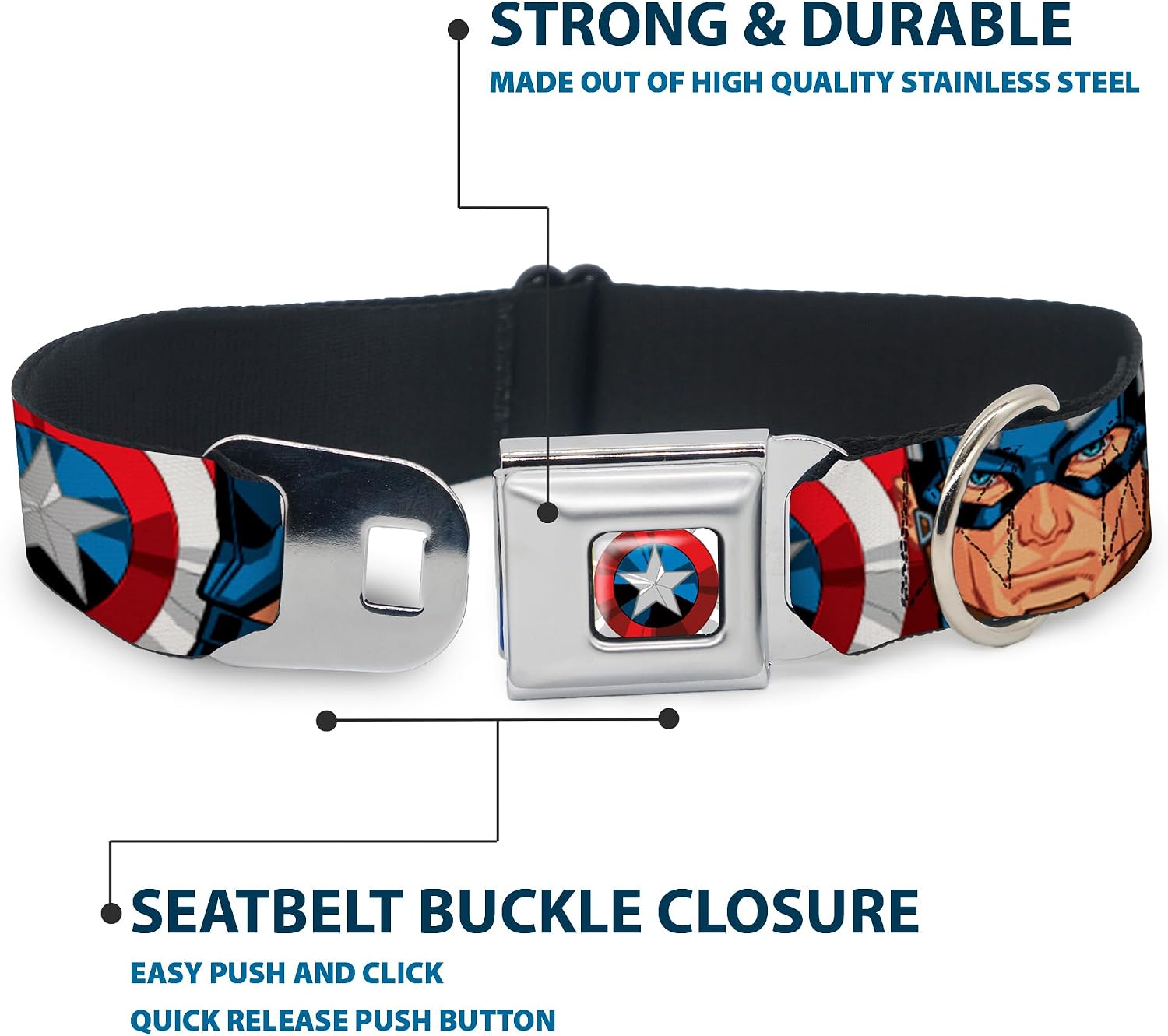 Dog Collar Seatbelt Buckle Captain America Face Turns Shield Close Up 11 to 17 Inches 1.0 Inch Wide