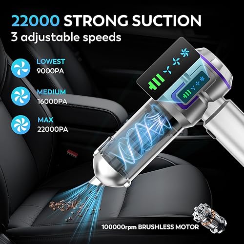 Miniatura 2 de Aspiradora para automóvil, 22000 PA, aspiradora portátil de mano de alta potencia y plumero de aire, mini aspiradora inalámbrica con pantalla LED,