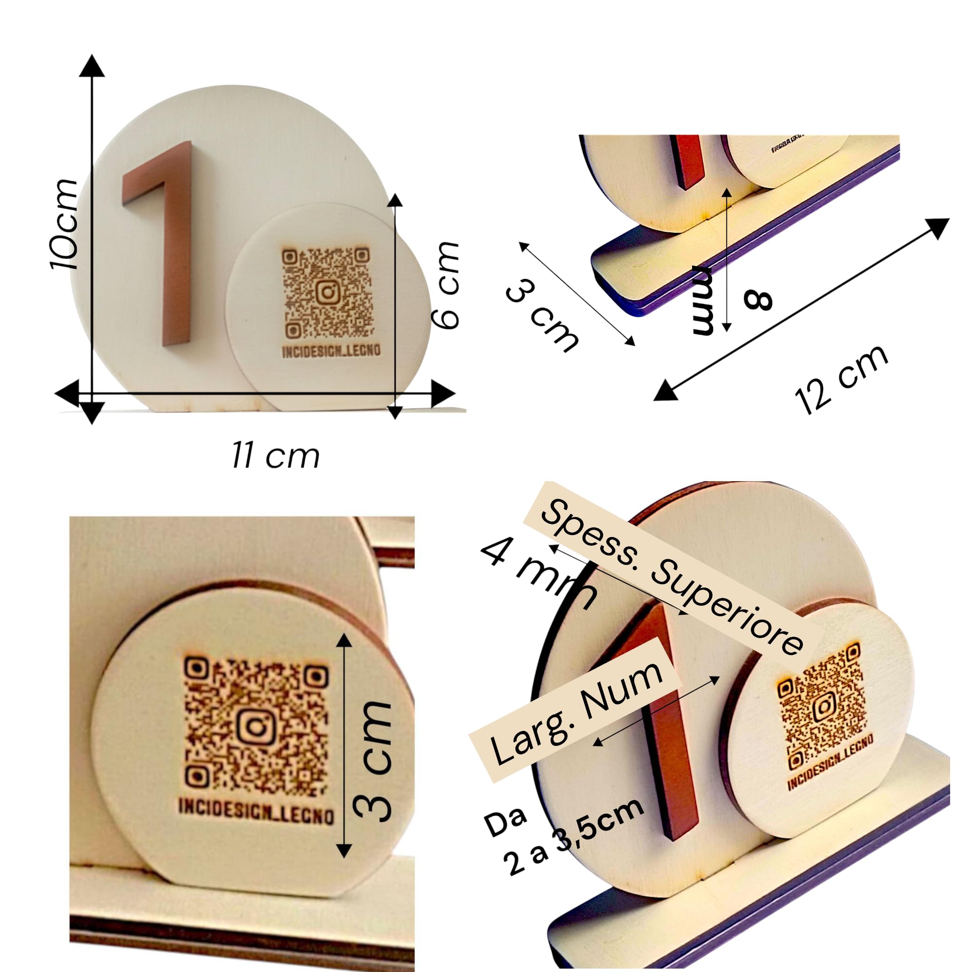 Set da 9 Segnaposto Numerati InciDesign in Legno Naturale - Numeri Tavolo con Qr code per Ricevimenti, Eventi Bar e Ristoranti - Stile Minimal ed Elegante - Scelta Colori - Made in Italy